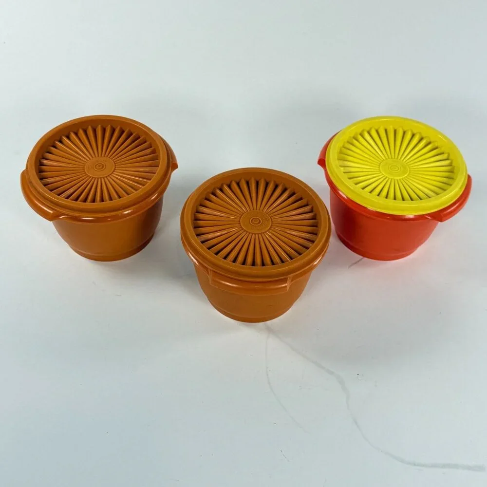 Vintage 3 Tupperware Servalier Bowls w/ Sunburst Lids Brown Yellow Orange 1970s